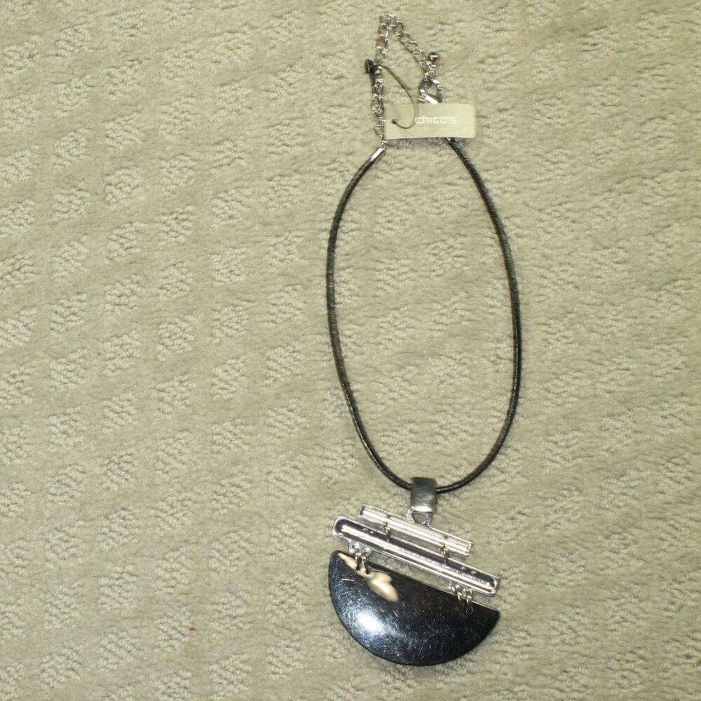 NWT/NOS Made in USA Chico's Silver Tone Abstract Pendant Black Cord Necklace - Picture 2 of 4